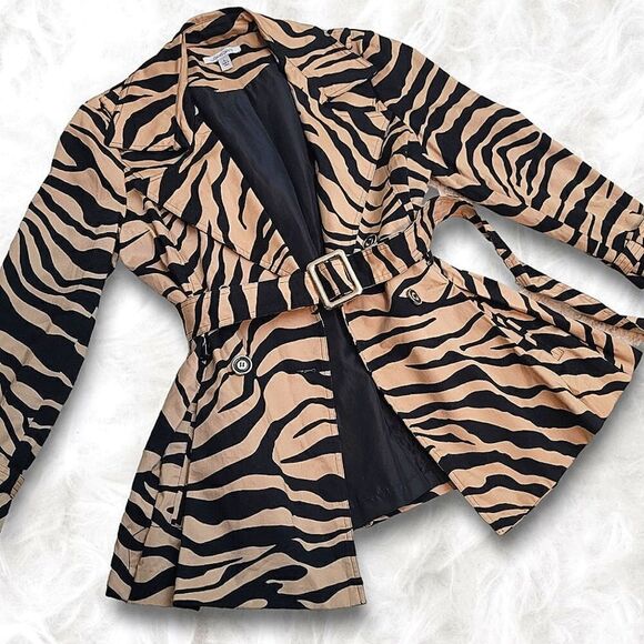 Luciano Dantè Zebra Belted Pea Coat Double Breasted Fit & Flare Pleated Jacket - Picture 1 of 8